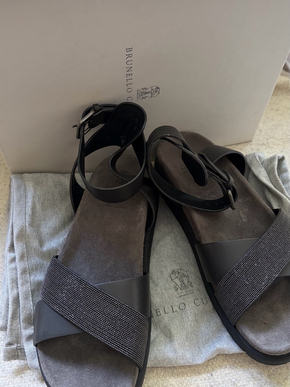 Brunello Cucinelli women’s black Leather Strap Sandals - Picture 2 of 6